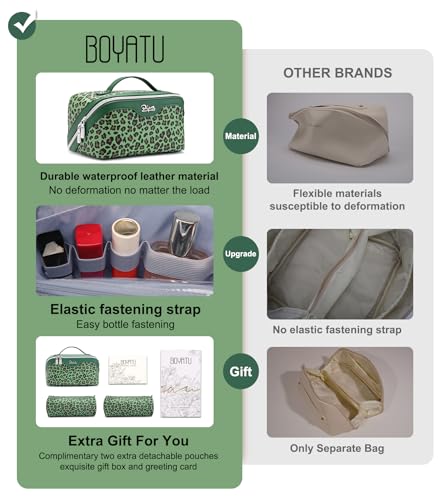 BOYATU Travel Makeup Bag Organizer: 3 Pcs Set Leopard Make up Bag for Women | Vegan Leather Cosmetic Bags with Compartments - Waterproof Toiletry Bag - 180° Open-Flat Make up Case for 3-15 Day Trips - color: 09-Green