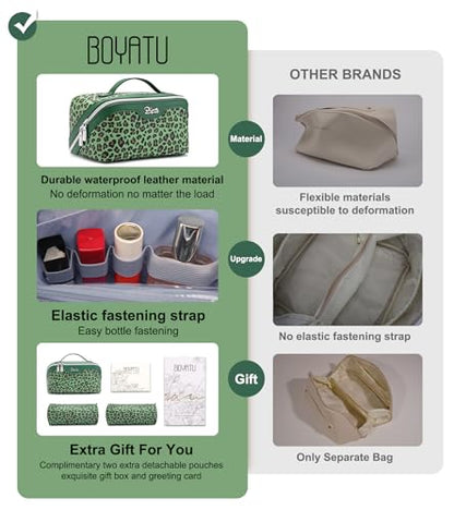BOYATU Travel Makeup Bag Organizer: 3 Pcs Set Leopard Make up Bag for Women | Vegan Leather Cosmetic Bags with Compartments - Waterproof Toiletry Bag - 180° Open-Flat Make up Case for 3-15 Day Trips - color: 09-Green