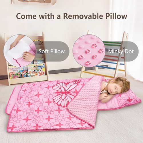 Primlect Toddler Nap Mat with Removable Pillow and Fleece Blanket, Extra Large 55''x35'' Sleeping Bag, Washable, Light, Easy to Roll up, Perfect for Daycare, Preschool, Kindergarten, Travel - color: Pink Butterfly