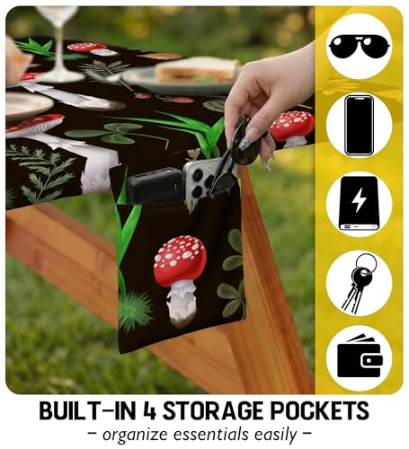 Fitted Picnic Table Cover with Bench Covers Vinyl Waterproof Elastic Edges Fitted Rectangle Table Cloth Patio Tablecloth Camping Essentials Rv Gear Accessories Road Trip Supplies Car Travel Must Have - color: Black Red Mushrooms, size: 96in