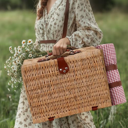 Picnic Basket for 2 with Lid and Handle Waterproof Picnic Blanket, Wicker Picnic Set Kit with Cooler for Beach, Insulated Picnic Baskets, Bridal Shower Gift Wedding Gifts with Mr Mrs Wine Glasses - color: Wedding Gift Style Red and White