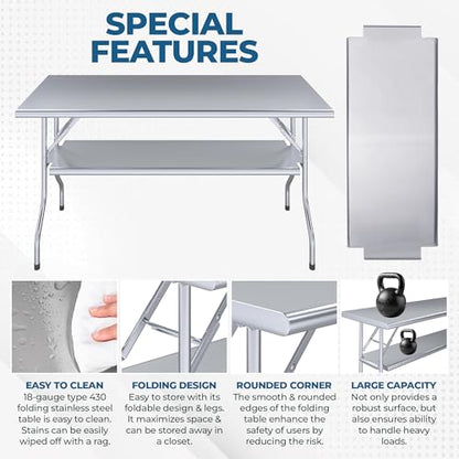 Premium Quality Stainless Steel Open Base Folding Utility Table - Folding Work Table for Commercial Kitchen, Restaurant, Hotel and Garage - NSF (24" x 60" with Undershelf) - size: 24" x 60" with Undershelf