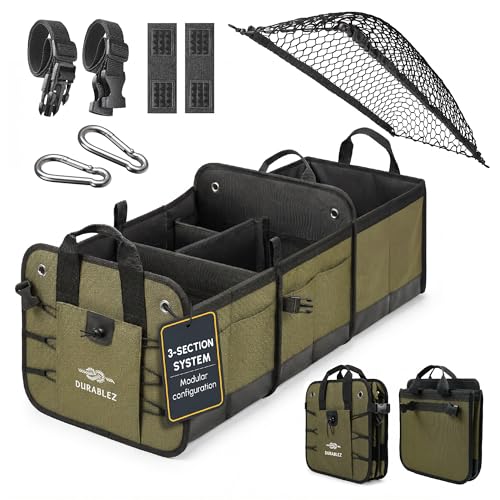 Heavy Duty 3-Section Trunk Organizer – Extra Large Collapsible & Foldable Cargo Box, Modular Car Storage System for SUV, Truck, Van – Green - color: green, size: 3-section XL