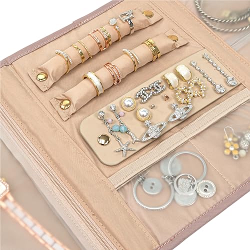 PAVILIA Travel Jewelry Case Organizer, Foldable Jewelry Travel Roll Bag, Small Jewelry Travel Pouch Wallet for Earrings, Rings, Necklaces, Bracelets, Travel Packing Accessories (Quilt Pink) - color: Quilt Pink