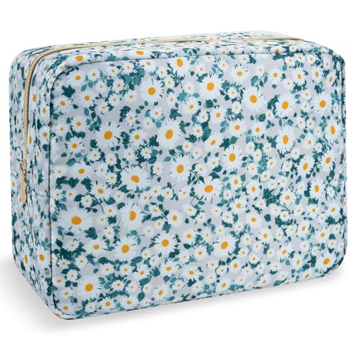 Nylon Large Floral Makeup Organizer Bag, Preppy Big Cute Flower Cosmetic Zipper Pouch Multi-compartment with Dividers, Waterproof Toiletry Makeup Brushes Bag Travel Essentials for Women(Green-Daisy) - color: Green-Daisy, size: Large