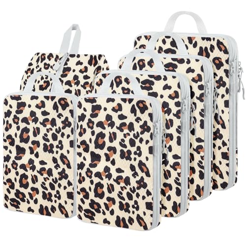 6 Set Compression Packing Cubes, Suitcase Organizer, Lightweight Travel Essentials, Compression Bags For Travel Accessories Luggage Storage Set (6Pcs, Brown Leopard) - color: Brown leopard-6pcs, size: Set of 6