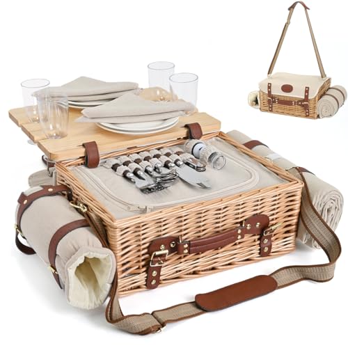 Multifunctional Wicker Picnic Basket Set for 4 with Blanket and Picnic Table, Insulated Picnic Set with Full Tablewares for Camping Outdoor Couples,Natural - color: Natural With Blanket &Table for 4