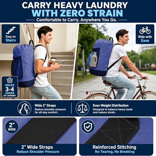 Backpack Laundry Bag, Durable polyster Laundry Backpack Bag with Shoulder Straps, Drawstring Closure & Mesh Pocket, Large Clothes Hamper for Dorm, Travel, Laundromat (Blue) - color: Blue