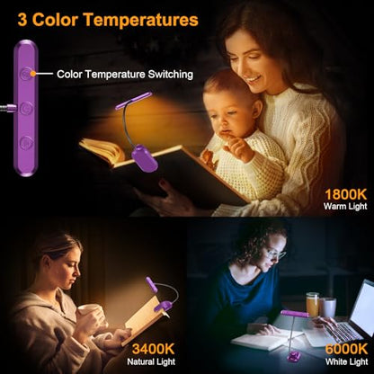 Gritin Rechargeable Book Light for Reading in Bed with 19 LED &Memory Function-Eye Caring 3 Color Temperatures,5 Brightness Levels,90 Hrs Runtime Flexible Goose Neck Clip on Light-Dark Purple - color: Dark Purple