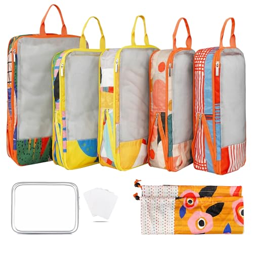 7 Pcs Compression Packing Cubes Travel for Suitcases, Luggage Organizer Washable Storage Bags Set for Backpack Travel- Packaging Cubes for Carry-Ons and Storage - color: yellow orange