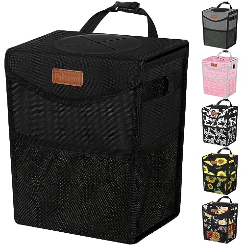 Pritent Car Trash Can with Lid, Cute Leakproof Car Trash Garbage Bag Hanging Vehicle Trash Bin Small Portable Automotive Garbage Cans Organizer for Back/Front Seat/Console(Trapezoid,Black) - color: Black, size: 2 Gallons