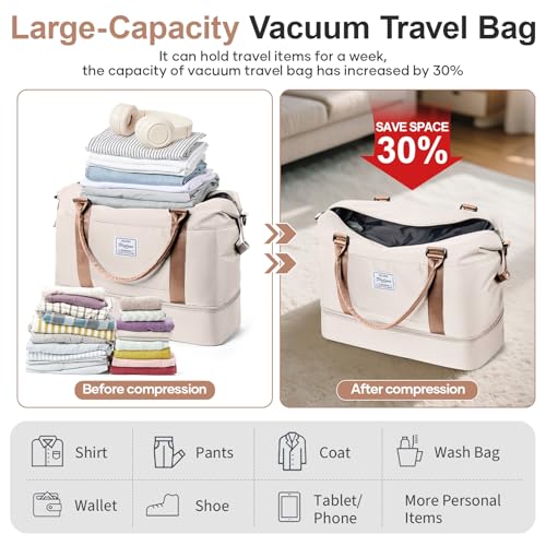 Overnight Weekender Bags for Women,Vacuum Travel Duffel Bag with Air Pump, Personal Item Travel Bag with Shoes Compartment & Compression Pocket,Beige & Brown - color: A-Beige & Brown with Air Pump, size: Large
