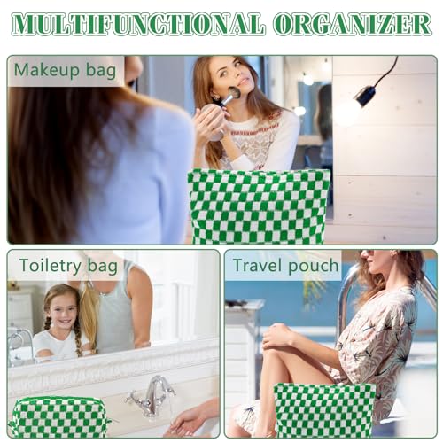 ZLFSRQ 3Pcs Checkered Makeup Bag for Women Large Small Checkered Cosmetic Bag Set Aesthetic Preppy Pencil Case Cute Pencil Pouch Green Makeup Pouch for Purse Travel Toiletry Bags Zipper Skincare Bags - color: B-Checkered 3Pcs Mix Green