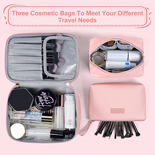 MAANGE Travel Makeup Bag - Large Makeup Bag with 2pcs Small Makeup Bag Portable Leather Cosmetic Bag Toiletry Bag Make Up Bags for Women and Girls (Pink) - color: Pink