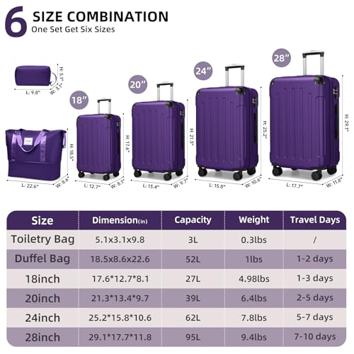 LARVENDER Luggage Sets 6 Piece Hardshell Expandable Suitcases with Spinner Wheels TSA Lock, Lightweight ABS Travel Carry On Suitcase Set for Women, Grape Purple - color: Grape Purple, size: 6 piece set
