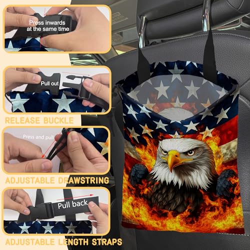 Bald Eagle with American Flag Car Garbage Bag, Small Car Trash Bag Hanging Back of Seat,Drawstring Car Trash Bag with Adjustable Buckle,Car Accessories for Camping Travelling - color: Bald Eagle with American Flag