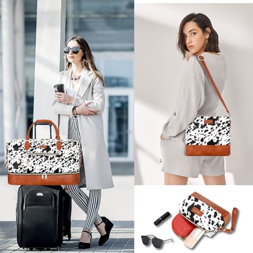 ITIEZY Weekender Overnight Bag for Women - Large Travel Duffel Bag with Shoe Compartment, Gym Duffel Bag Hospital Bag Carry On Tote Bags for Airplanes with Crossbody Bag Toiletry Bag 3Pcs Set - color: 5-Black Cow