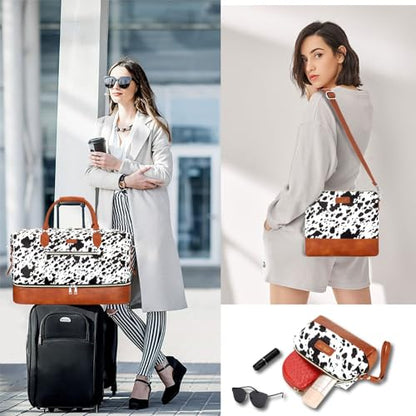 ITIEZY Weekender Overnight Bag for Women - Large Travel Duffel Bag with Shoe Compartment, Gym Duffel Bag Hospital Bag Carry On Tote Bags for Airplanes with Crossbody Bag Toiletry Bag 3Pcs Set - color: 5-Black Cow