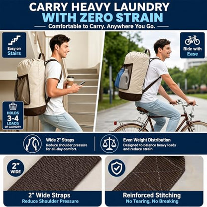 Canvans Laundry Bag Backpack, Large Travel Laundry Bag with Shoulder Straps, Drawstring Closure & Mesh Pocket, Clothes Hamper for Dorm, Travel, Laundromat (Khaki) - color: Khaki