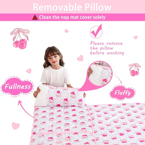 Lasoftan Toddler Nap Mat with Pillow and Blanket, Extra Large Rolled Napping Mats,Slumber Bags for Boys Girls,Kids Sleeping Bag for Daycare, Preschool Travel Camping - color: Bow Cherry