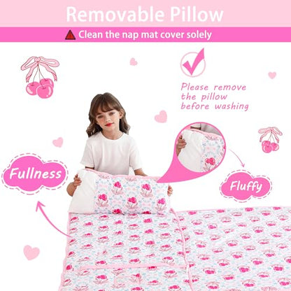 Lasoftan Toddler Nap Mat with Pillow and Blanket, Extra Large Rolled Napping Mats,Slumber Bags for Boys Girls,Kids Sleeping Bag for Daycare, Preschool Travel Camping - color: Bow Cherry