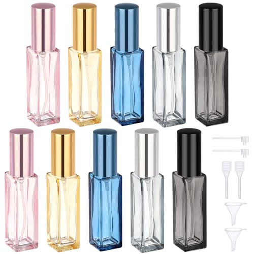 Segbeauty 0.34oz Empty Travel Perfume Bottle, 10pcs Glass Portable Perfume Atomizer Refillable, 10ml Mini Cologne Spray Bottles, Small Travel Sample Cologne Bottles with Clear Transfer Tool Set - color: Black Pink Gold Gray Blue, style: Mini Bottle Set