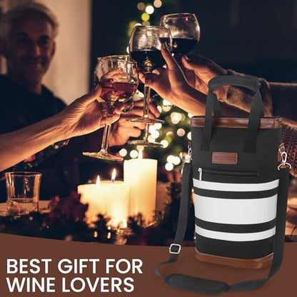 BLUBYEES 2-Bottle Insulated Wine Carrier Tote - Leakproof Padded 900D Oxford Cooler Bag for Travel, Picnics, Beach & Parties - color: Modern Black & White