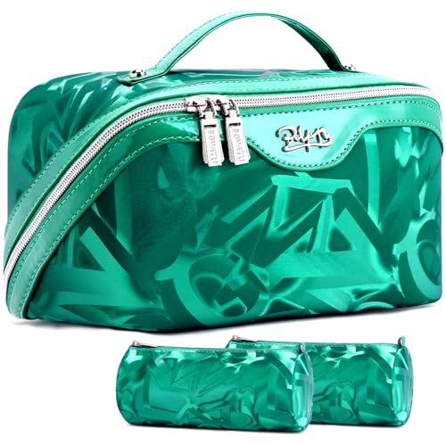 BOYATU Travel Makeup Bag for Women: Y2K Aesthetic Personalized Glossy 3 Pcs Set Cosmetic Organizer Bag - Trendy Statement Toiletry Pouches for Forward Women - Stand Out at Festivals & Trips(D-1-Green) - color: D-1-Green
