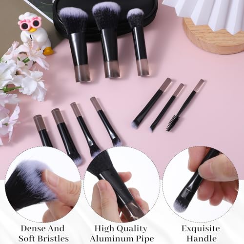 10 Pcs Mini Travel Makeup Brushes Set with Pouch, Short Handle Makeup Brushes for Women Girls Portable Full Complete Function Cosmetic Kit Brush Blush Powder Eye Shadow Black - color: Black