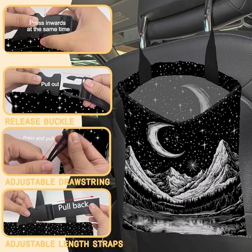 Moon and Lake River Car Garbage Bag,Mountain Night Sky Small Car Trash Bag Hanging Back of Seat,Drawstring Car Trash Bag with Adjustable Buckle,Car Accessories for Camping Travelling - color: Moon and Lake River