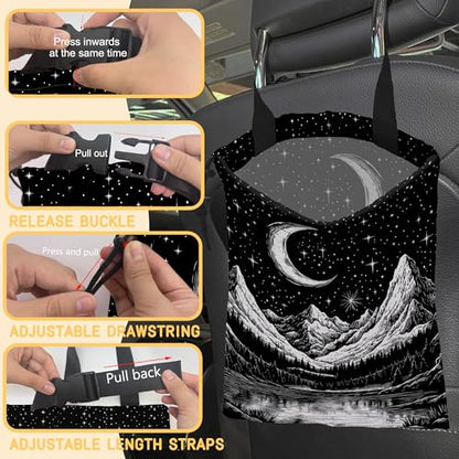 Moon and Lake River Car Garbage Bag,Mountain Night Sky Small Car Trash Bag Hanging Back of Seat,Drawstring Car Trash Bag with Adjustable Buckle,Car Accessories for Camping Travelling - color: Moon and Lake River