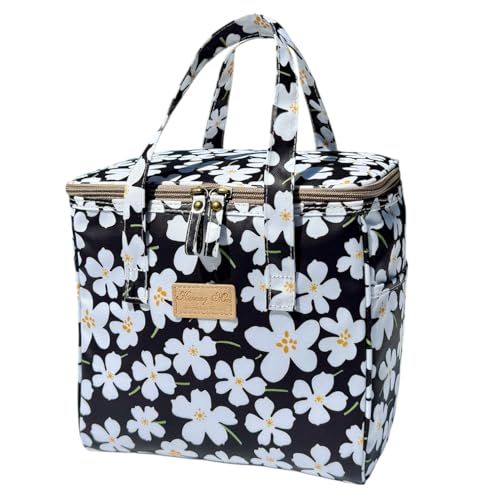 Kwang Min Floral Insulated Lunch Bag for Women,Reusable Lunch Box,Large Cooler for Office,Picnic Outdoors,Premium Quality Waterproof Fabric,Ideal Gift for Outdoors and work (Black Rose) - color: Black Cosmo