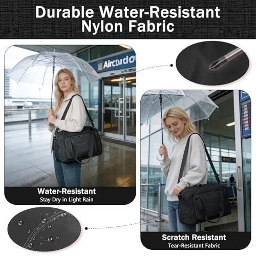 Travel Duffel Bag, 30–40L Expandable Weekender Bag with Shoe Compartment, Foldable Carry On Travel Bag with Wet Pocket and Matching Pouch - color: Black