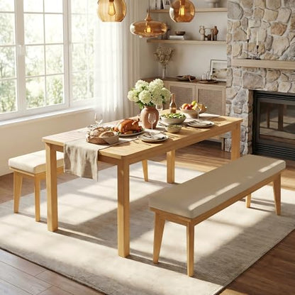 FansaFurn 3-Piece Outdoor Dining Set for 4 with 2 Benches and Cushion, All-Weather Acacia Wood Patio Table and Bench Set for Garden and Lawn, Beige