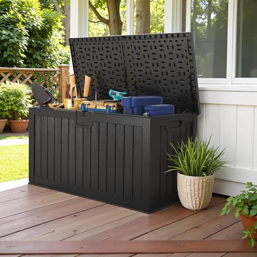 Devoko 240 Gallon Double-Wall Deck Box with Divider, Side Handles, Resin Outdoor Large Storage Box Waterproof and Lockable for Patio Furniture, Garden, Pool (Black) - color: Black, size: 240 Gallon 1 Pack