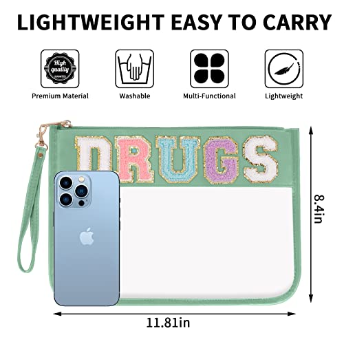 Iqimott Chenille Letter Clear Bag Drugs Pouch, Monogram PVC & PU Makeup Cosmetic Bag Zipper Toiletry Pouch, Waterproof Portable Purse Travel Beach Snack Wristlet Bags for Women Girls(Drugs,Green) - color: Drugs-NewGreen