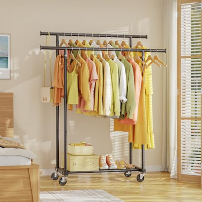 HYSEYY Double Rods Clothes Rack, Rolling Clothing Rack for Hanging Clothes Portable Wardrobe Rack, Metal Garment Rack Sturdy Coat Rack for Bedroom Laundry Living Room, Black - color: Black, style: Modern