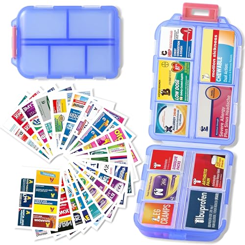 Pill Organizer with Medicine Labels Travel Daily Pill Container Mini Medication Organizer Storage Pill Organizer Travel Essentials Pill Case 7 Day (Blue & 161 Lables) - color: Blue, size: Standard