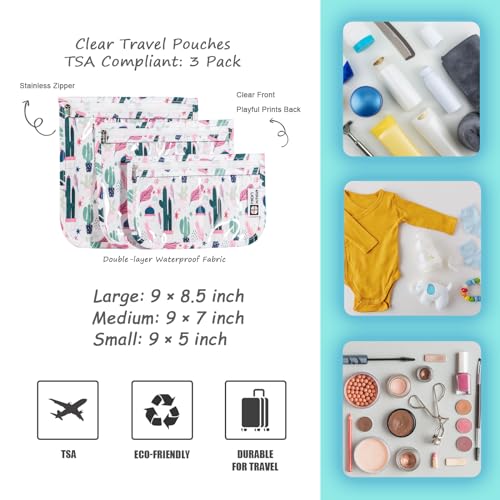HIONXMGA TSA Approved Toiletry Bag, Set of 3 Clear Travel Toiletry Bag Quart Size Zipper Travel Pouch, Waterproof Makeup Cosmetic Bag for Women Men Kids Toiletries Carry on, Cacti B - color: Cacti B, Mixed Sizes