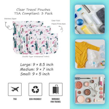HIONXMGA TSA Approved Toiletry Bag, Set of 3 Clear Travel Toiletry Bag Quart Size Zipper Travel Pouch, Waterproof Makeup Cosmetic Bag for Women Men Kids Toiletries Carry on, Cacti B - color: Cacti B, Mixed Sizes