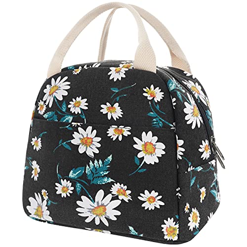 EurCross Women's Lunch Bags for Work with Chic Floral Daisy Pattern,Canvas Stylish and Insulated Black Lunch Tote Bento box Bag Carrier of On-the-Go Storage - color: Dasiy