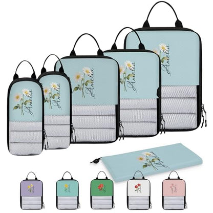 Custom 6 Set Compression Packing Cubes for Travel, Personalized Lightweight Luggage Organizer Bags with Birth Flower, Expandable Large Expandable Packing Organizer, Blue Pinks Purple - color: Light Blue