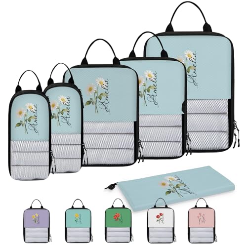 Custom 6 Set Compression Packing Cubes for Travel, Personalized Lightweight Luggage Organizer Bags with Birth Flower, Expandable Large Expandable Packing Organizer, Blue Pinks Purple - color: Light Blue
