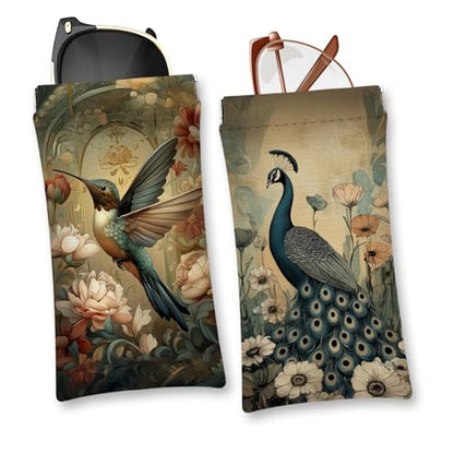 Eyeglasses Sunglasses Case PU Soft Squeeze Top Glasses Pouch for Women Men,Animal Pattern Portable Anti Scratch - color: Brown-peacock
