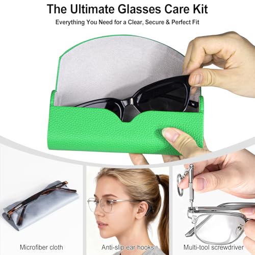 RayLove Ultimate Glasses Case Kit, Hard Shell Sunglasses and Eyeglass Case with Cleaning Cloth, Screwdriver, Ear Hooks - style: 1pack,green