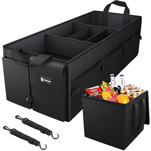 Sposuit Trunk Organizer with Insulated Leakproof Cooler Bag, 98L Collapsible Car Storage Large Trunk Organizer for Car SUV Van with Removable Dividers & Adjustable Securing Straps - color: Black, size: XX-Large with Cooler