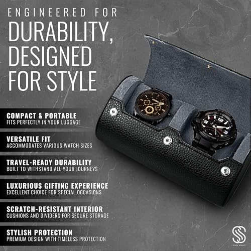 2 Watch Travel Case for Men – Leather Roll Organizer & Storage Box, Fits Watches up to 55mm | Removable Cushions | Gift Ready (Black/Grey) - color: Black / Grey