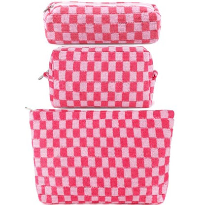ZLFSRQ 3Pcs Makeup Bag Checkered Cosmetic Bag Set Travel Toiletry Bags for Purse Large Small Makeup Pouch for Women Cute Preppy Pencil Pouch Case Pink Zipper Skincare Bags - color: B-Checkered 3Pcs Mix Pink