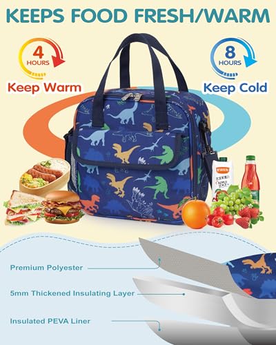Dinosaur 5L Kids Insulated Lunch Bag Easy to Clean Leakproof Wipeable liner Side Water-bottle Holder Lunch Box for Kids with Shoulder Strap Kids Lunch Bag for School Travel Picnic - color: Dinosaurs
