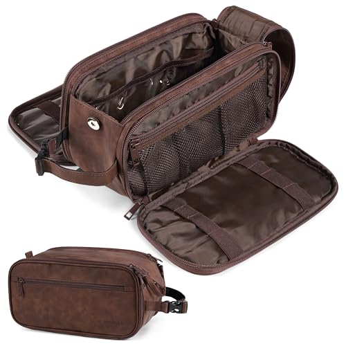 PAVILIA Toiletry Bag for Men, Hanging Travel Dopp Kit Organizer, PU Leather Water Resistant Bathroom Bag for Shaving Grooming, Large Capacity Cosmetic Bag Travel Essentials, Dark Brown - color: Dark Brown, size: Extra Large (12.5x6x7)